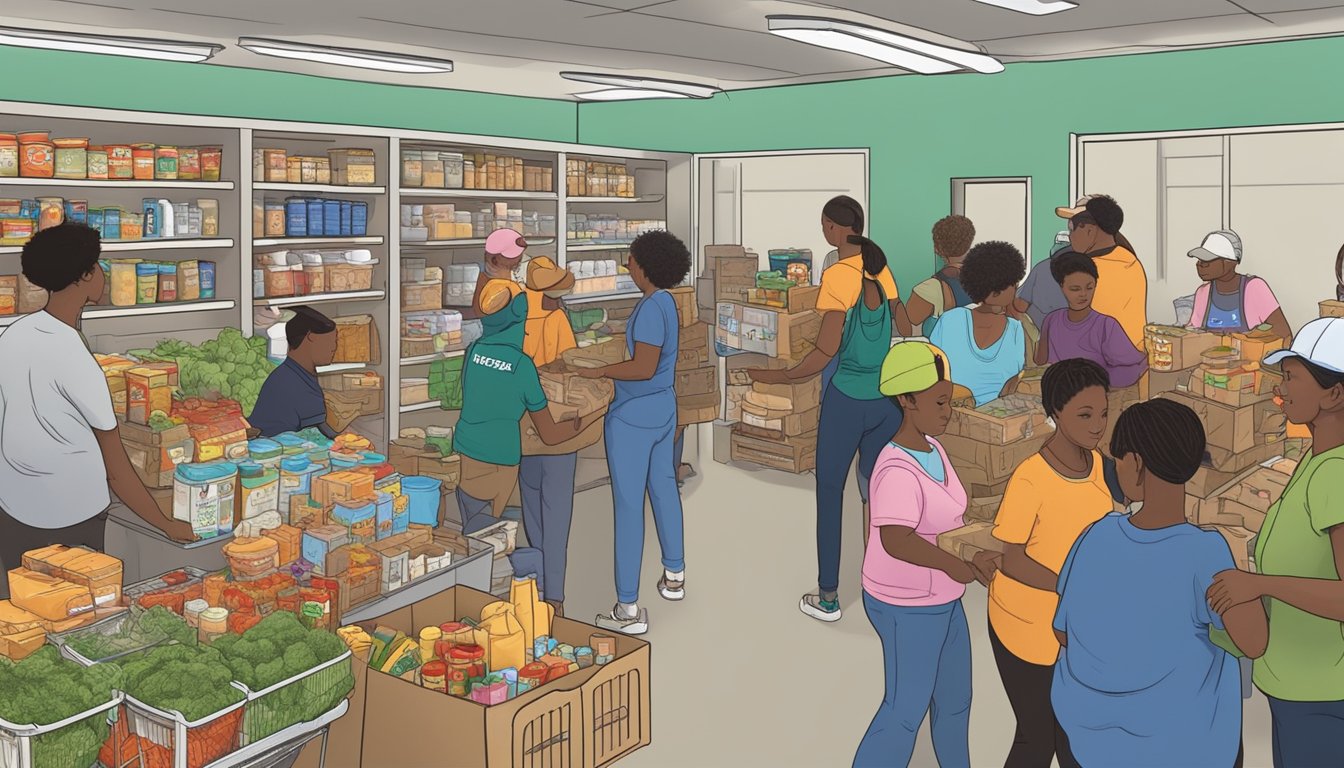 A bustling food pantry in San Jacinto County, Texas, with volunteers distributing free groceries to community members in need