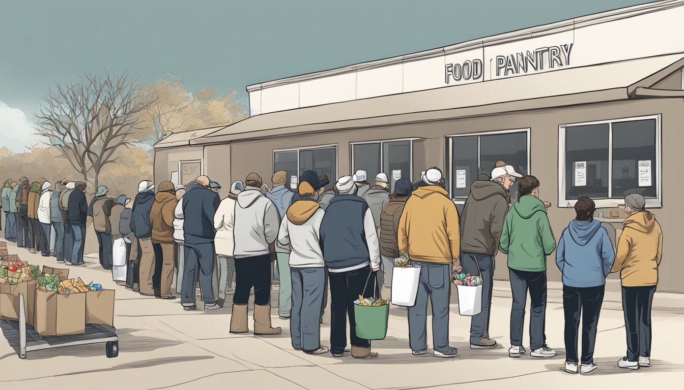 A line of people waiting outside a food pantry in Sherman County, Texas. Volunteers handing out groceries to those in need