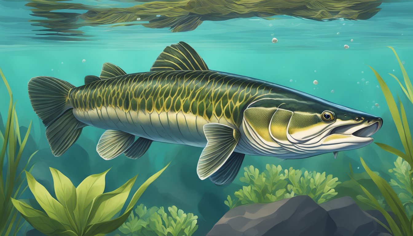 A muskellunge swimming in clear water, surrounded by aquatic plants and rocks