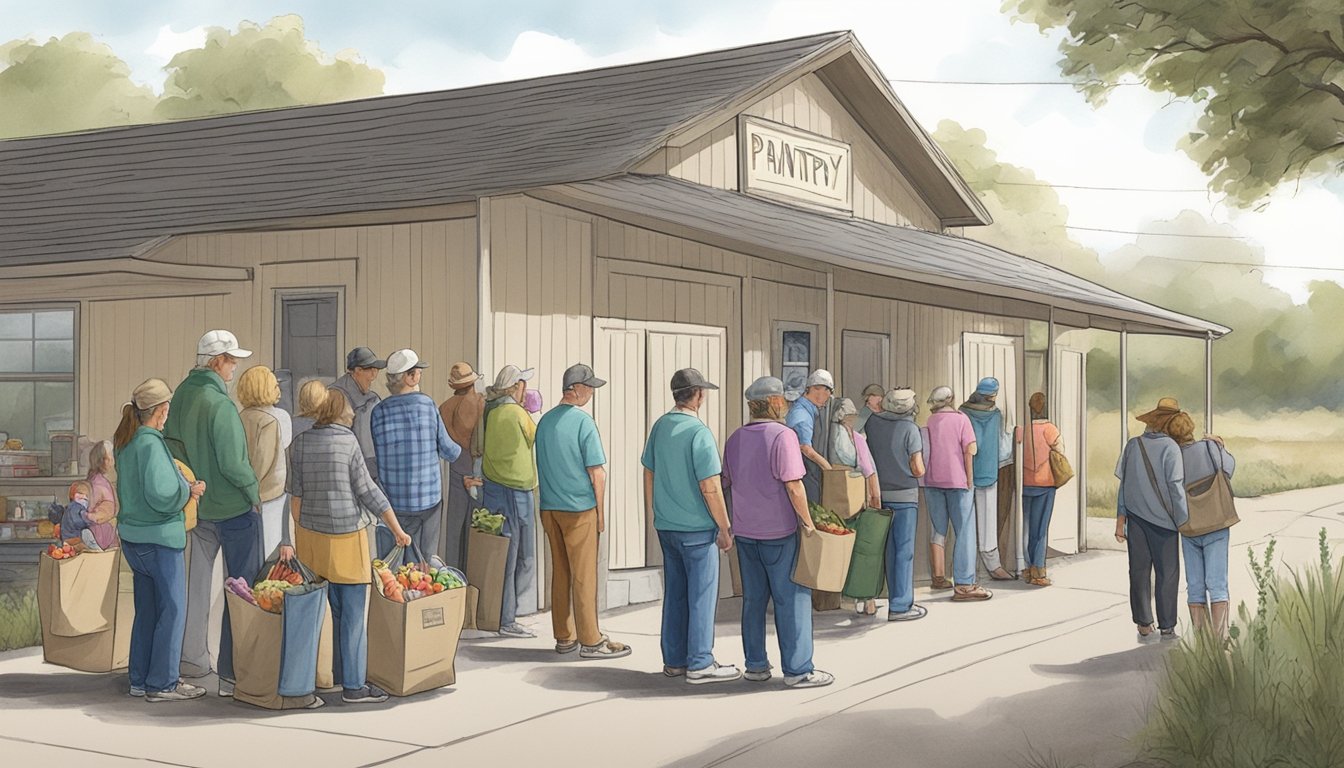 A line of people waits outside a small food pantry in Sherman County, Texas. Volunteers hand out bags of groceries to those in need