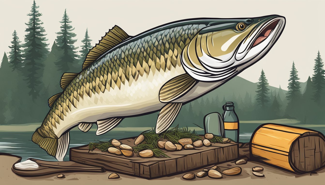 A muskellunge being caught and prepared for cooking over a campfire