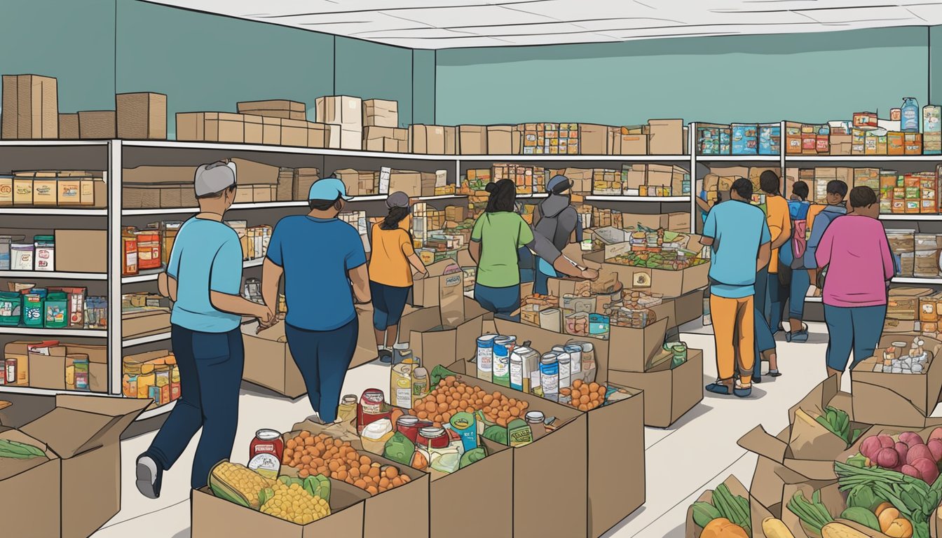 A bustling food pantry in Nueces County, Texas, with volunteers distributing free groceries to those in need