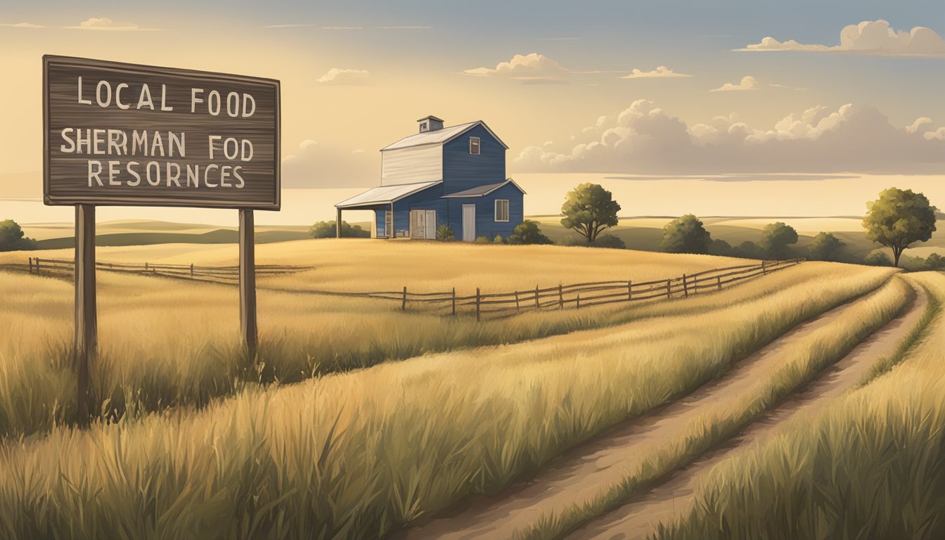 A rural landscape with a small food pantry surrounded by fields and a sign indicating "Local Food Assistance Resources - Sherman County, Texas"