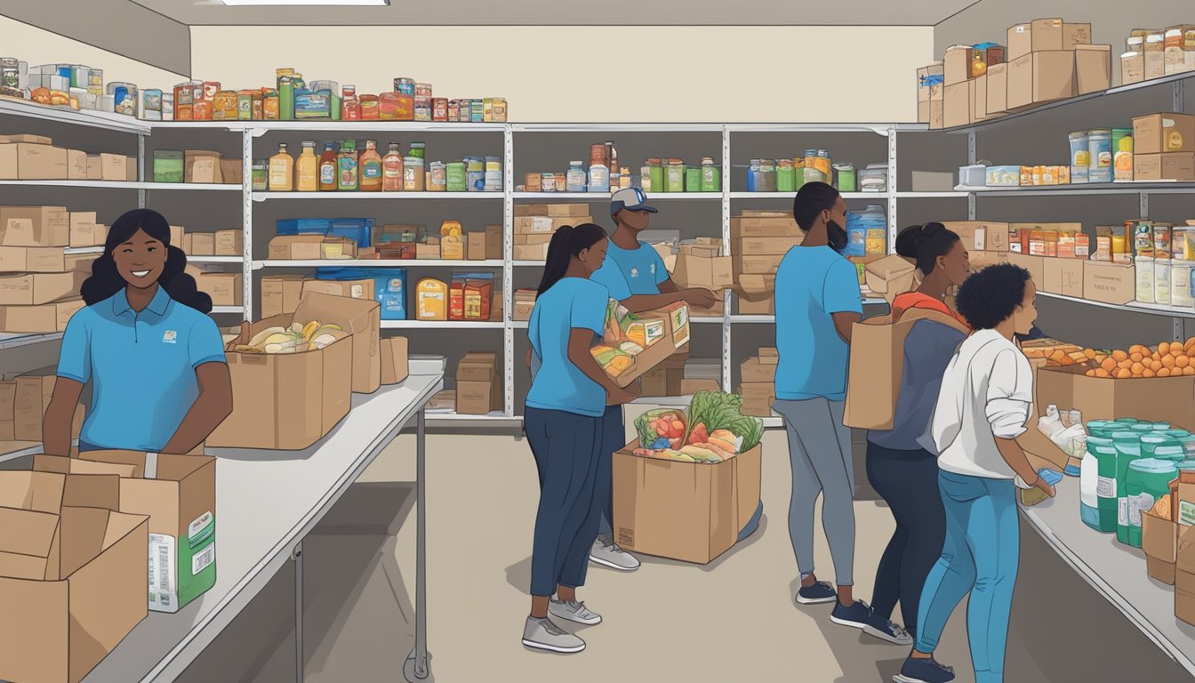 A bustling food pantry in San Jacinto County, Texas, with volunteers distributing free groceries to those in need