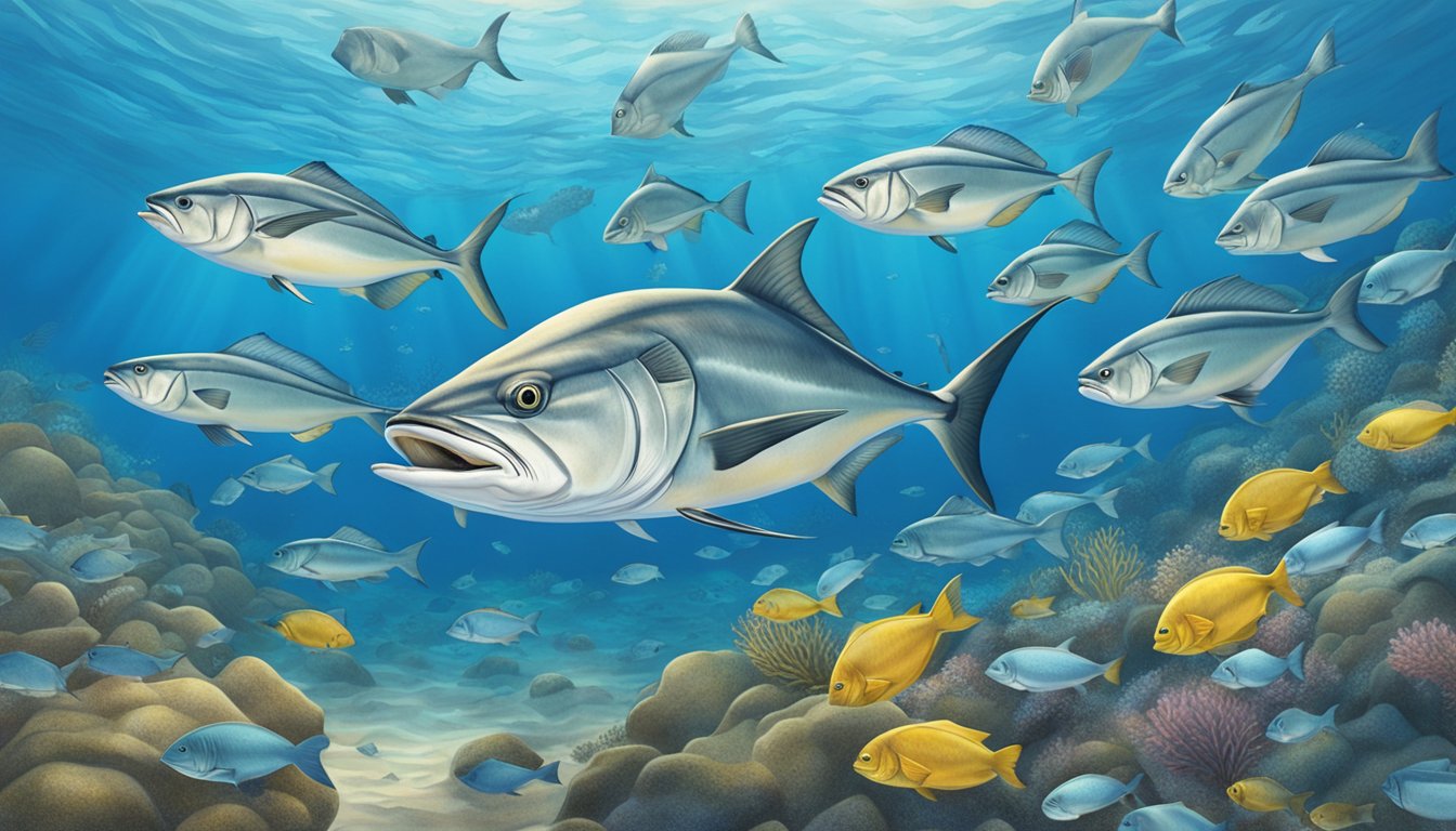 An amberjack swimming near a rocky reef with a school of fish, surrounded by clear blue water