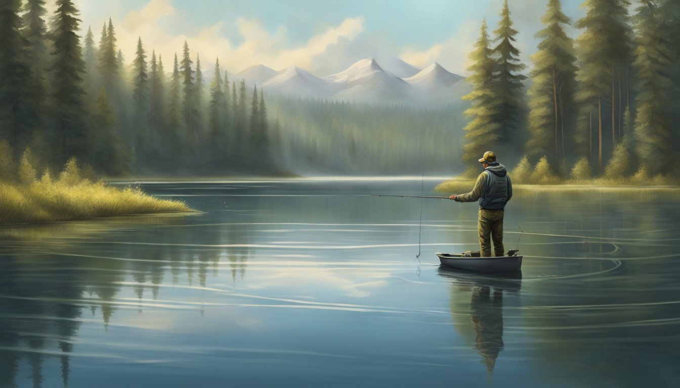 A lone angler casting a line into a glassy lake, surrounded by dense forest and the occasional glimpse of a muskellunge breaking the surface