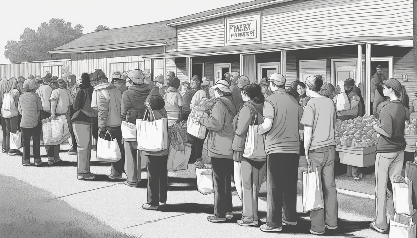 A line of people wait outside a small, local food pantry in San Jacinto County, Texas. Volunteers hand out bags of groceries to those in need