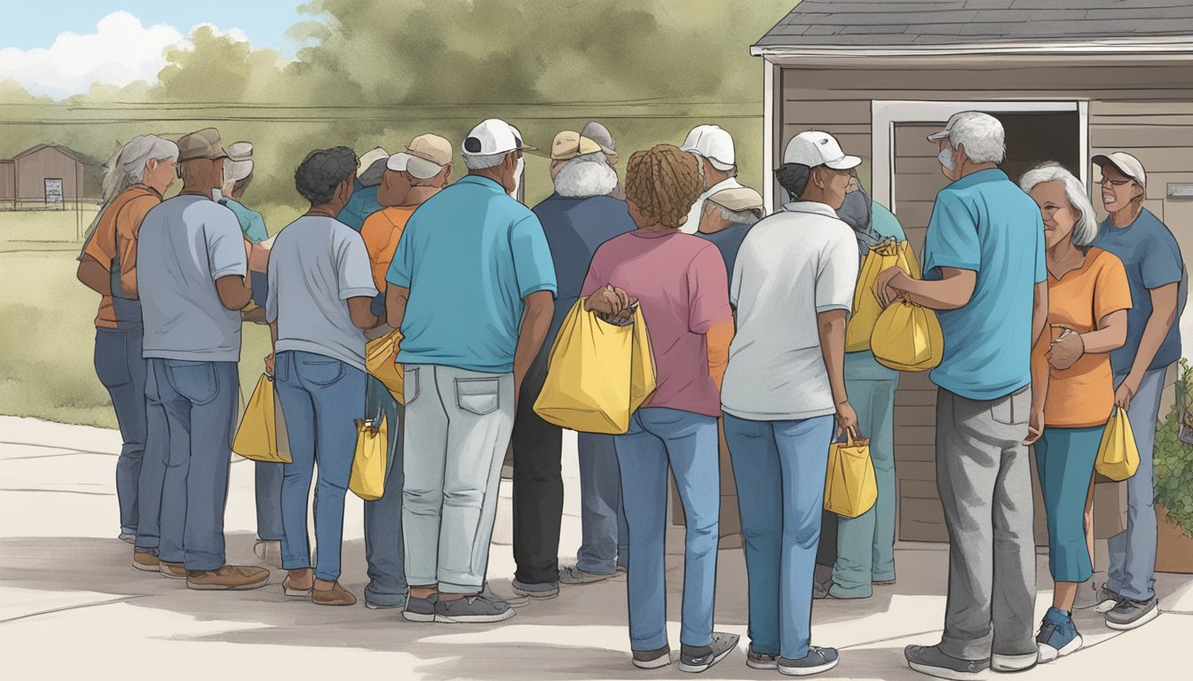 A line of people wait outside a small food pantry in Sherman County, Texas. Volunteers hand out bags of groceries and hot meals to those in need