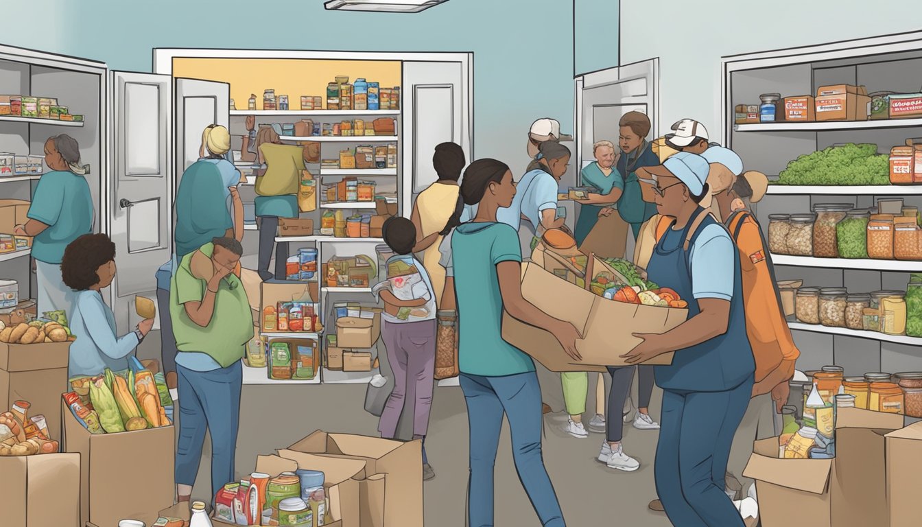 A bustling food pantry in Sherman County, Texas, with volunteers distributing free groceries to those in need