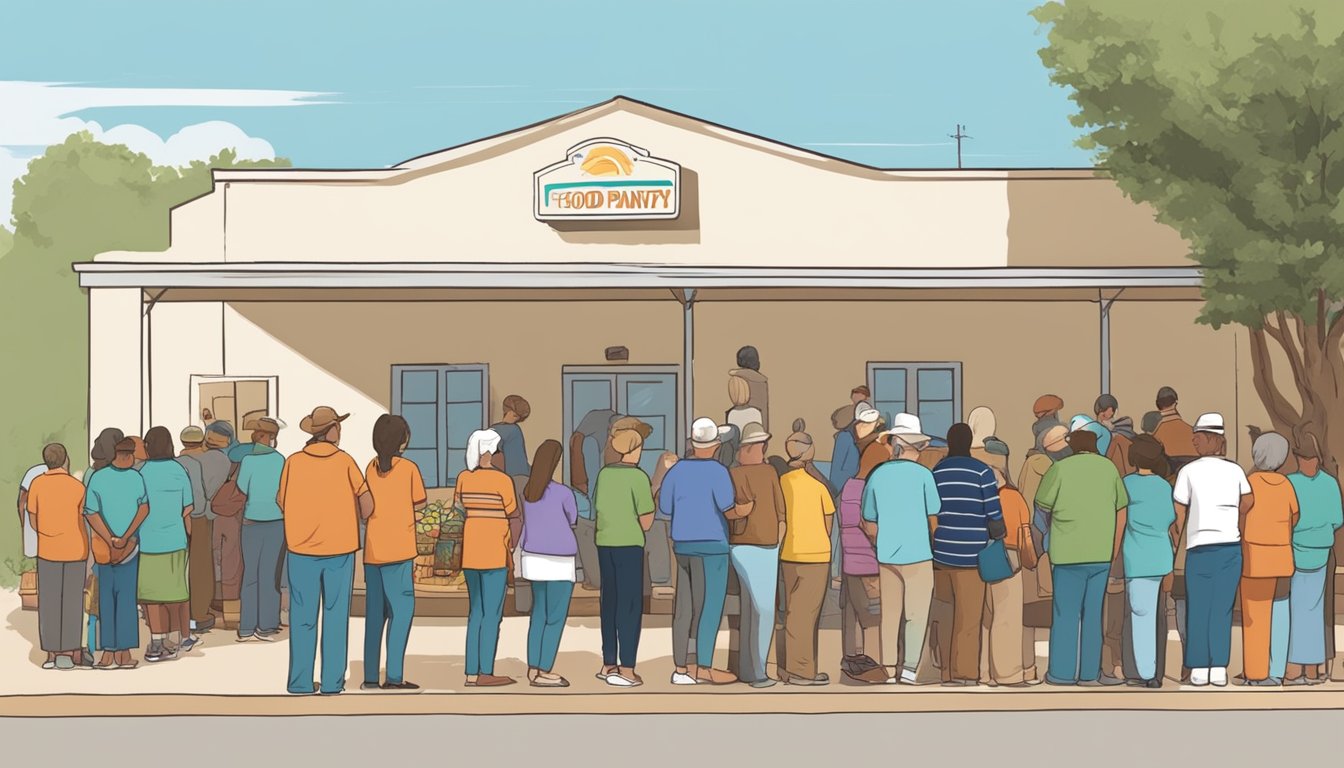 A line of people waits outside a food pantry in Palo Pinto County, Texas. Volunteers distribute free groceries to those in need