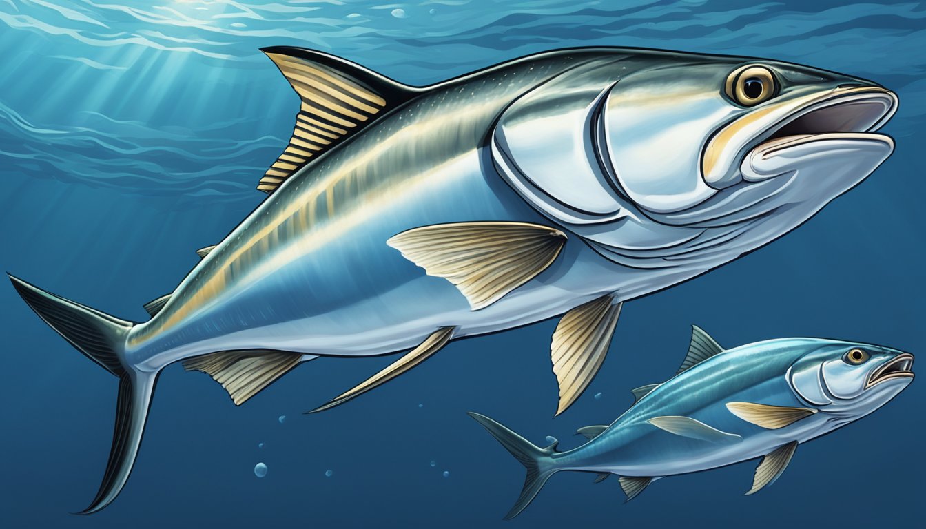 A sleek amberjack fish is being caught and devoured by a larger predator in the deep blue ocean