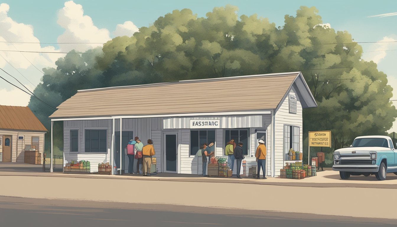 A line of people waits outside a small food pantry in a rural Texas town. The building is simple, with a sign that reads "Food Assistance."