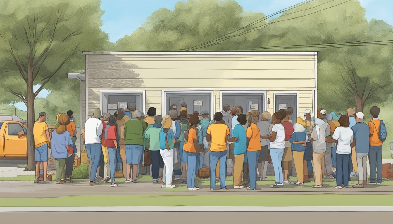 A line of people waiting outside a small food pantry in Schleicher County, Texas. Volunteers hand out free groceries to those in need