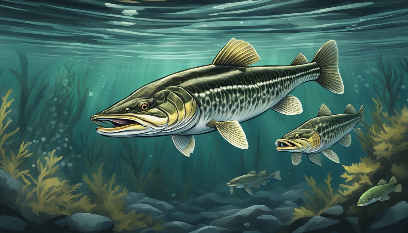 A northern pike striking and devouring another northern pike in a murky underwater environment