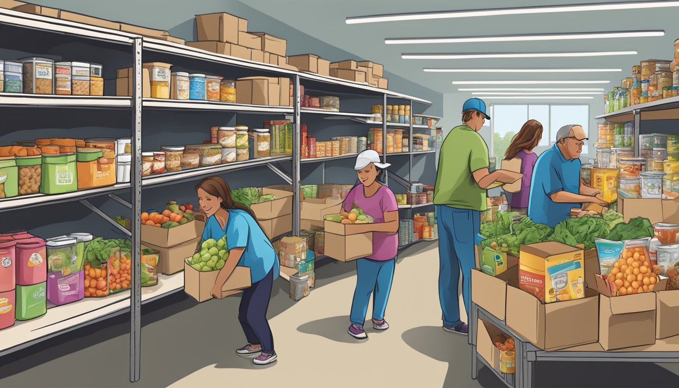 A bustling food pantry in Palo Pinto County, Texas, with shelves stocked full of free groceries and volunteers assisting those in need