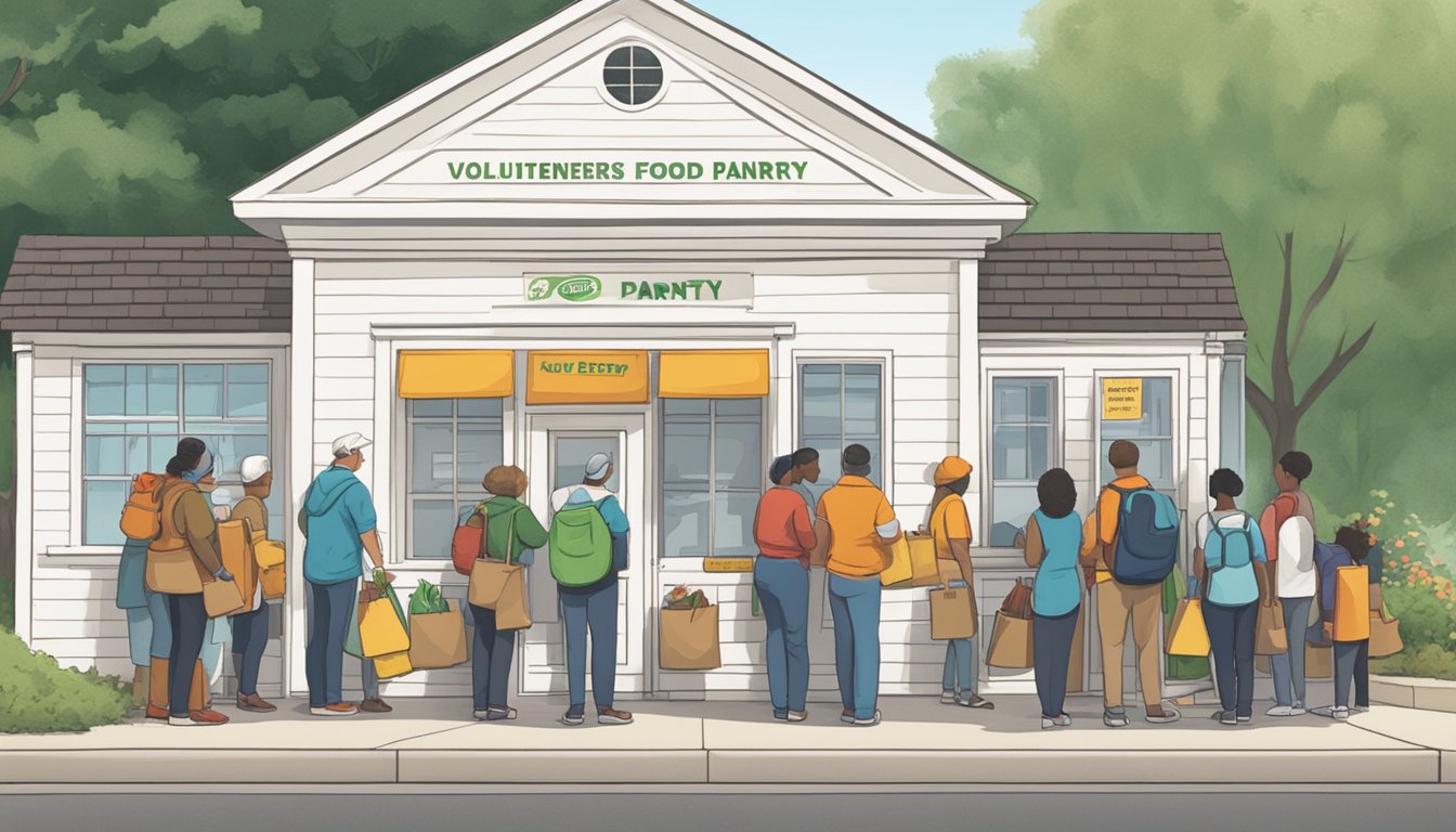 A line of people waits outside a small, white building with a sign reading "Food Pantry." Volunteers hand out bags of groceries to those in need