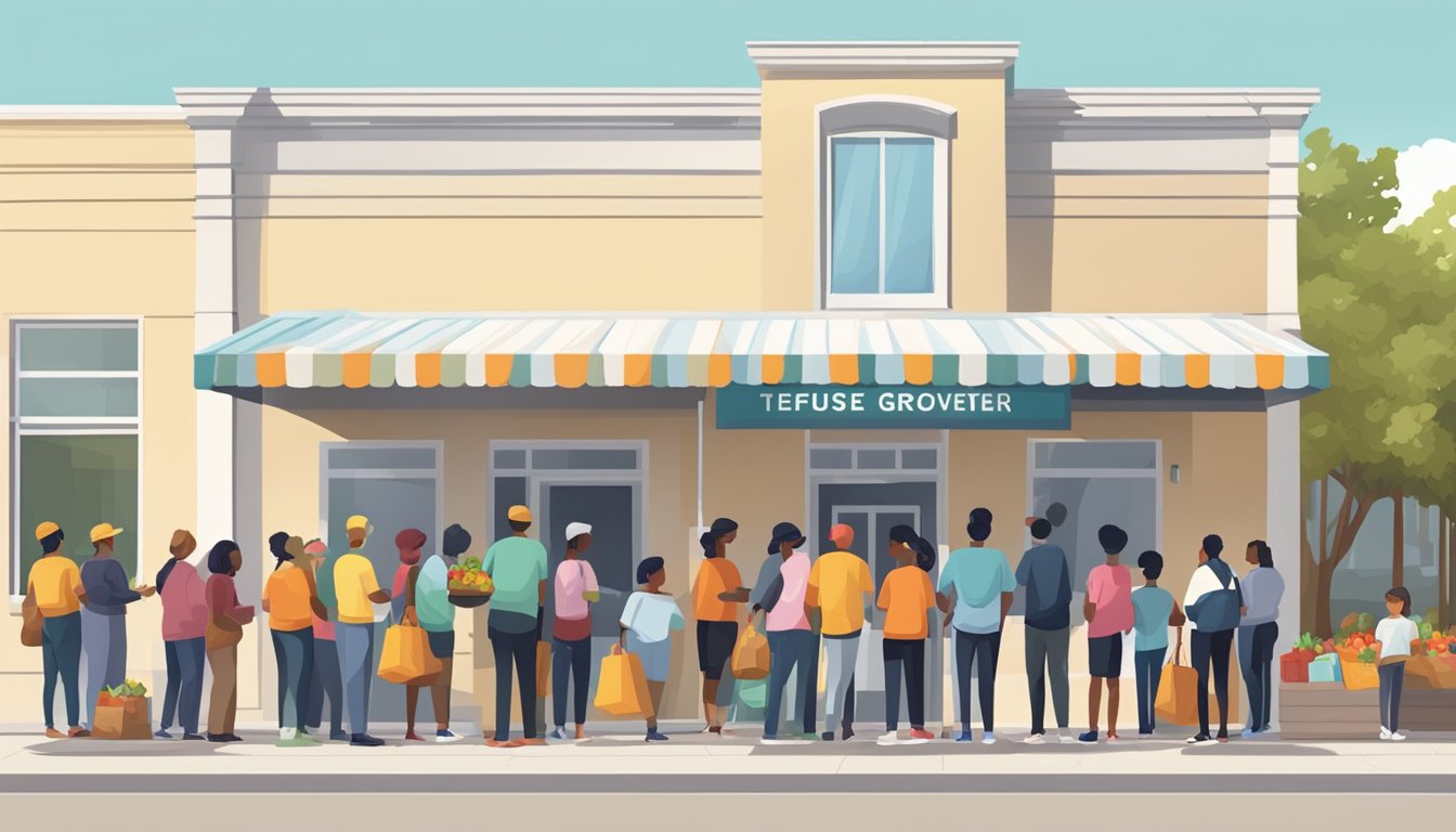 A line of people waits outside a community center, where volunteers distribute free groceries and food to families in need