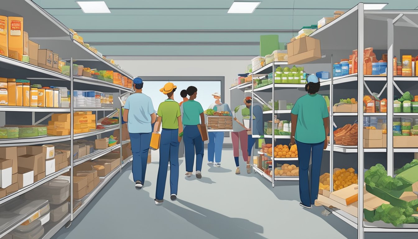 A bustling food pantry in Schleicher County, Texas, with shelves stocked full of groceries and volunteers distributing food to those in need