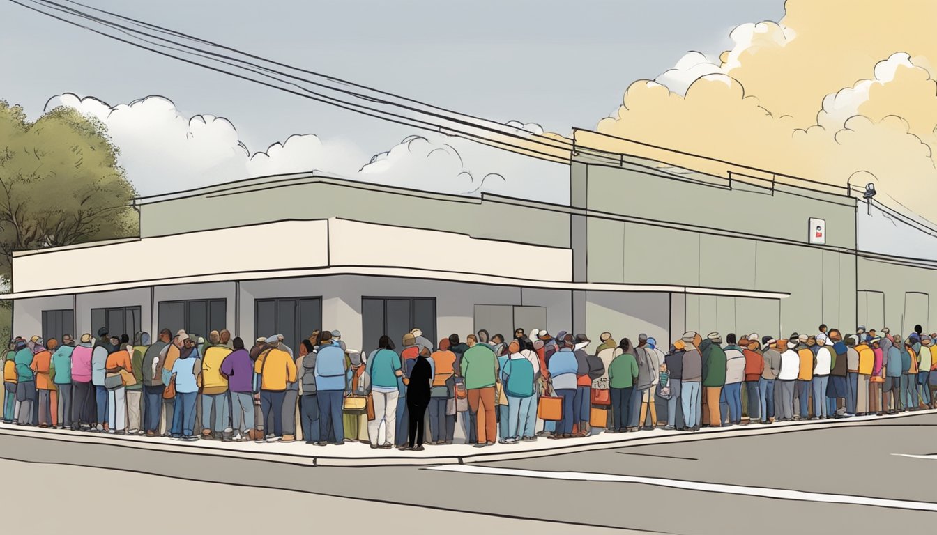 A line of people wait outside a food pantry in Starr County, Texas, as volunteers distribute free groceries to those in need