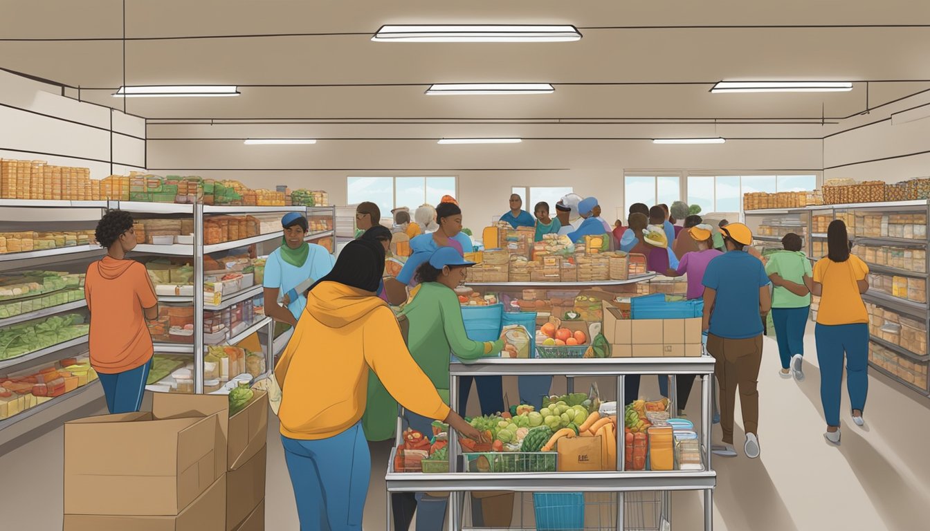 A bustling food pantry in Starr County, Texas, with volunteers distributing free groceries to those in need