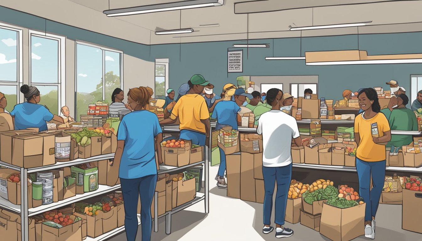 A bustling food pantry in Palo Pinto County, Texas, with volunteers distributing free groceries to those in need