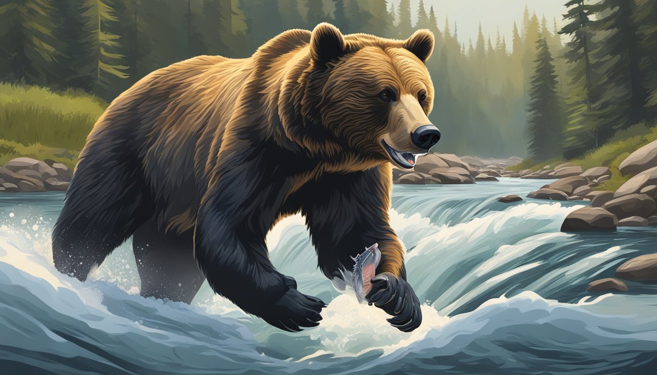 A bear catching and eating an Atlantic salmon from a rushing river