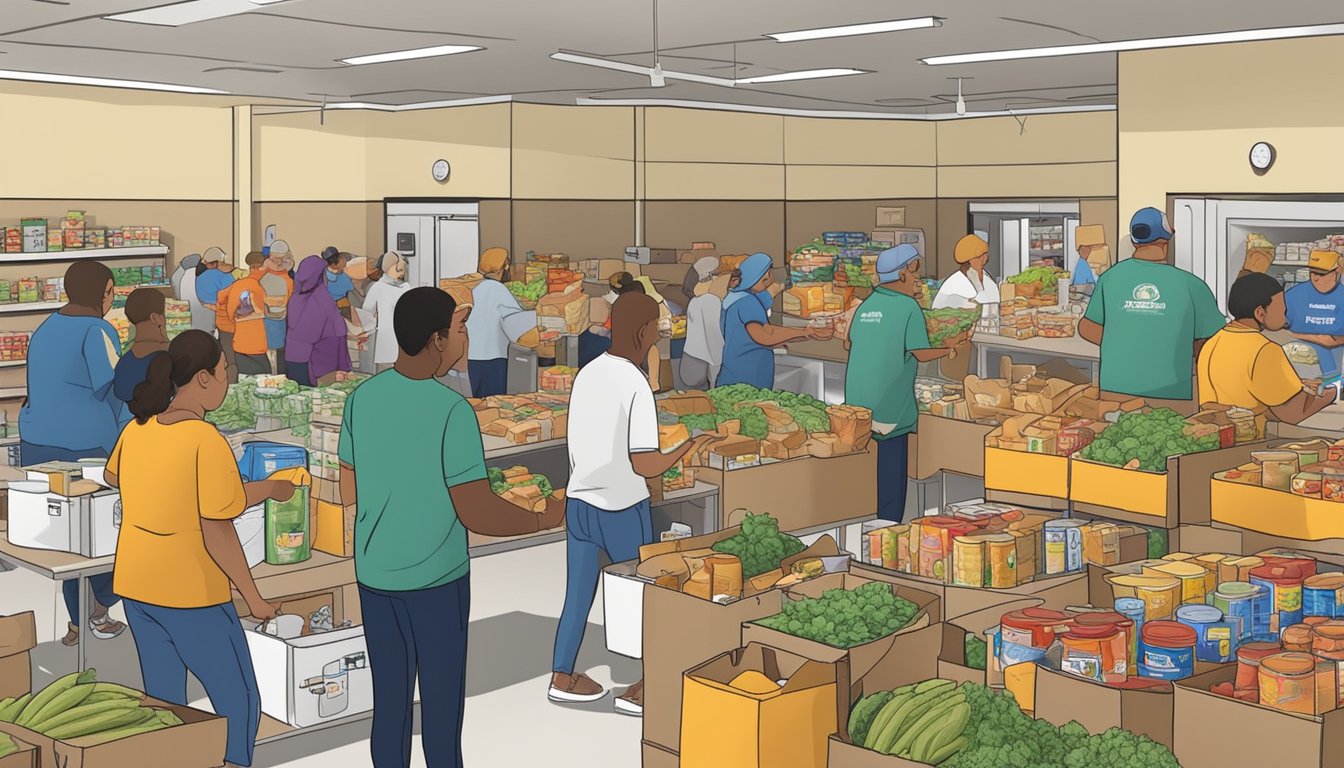 A bustling food pantry in Starr County, Texas, with volunteers distributing free groceries to those in need