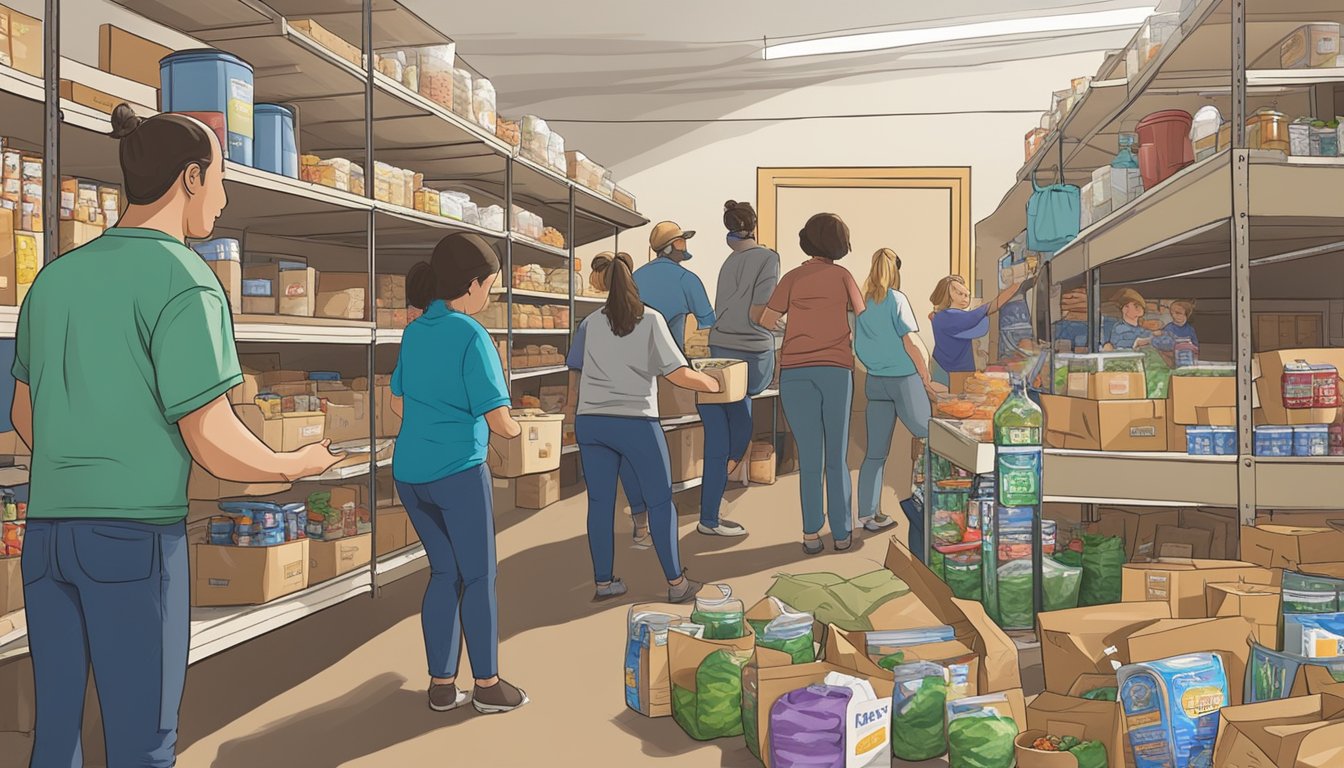 A bustling food pantry in Palo Pinto County, Texas, with volunteers distributing free groceries to those in need