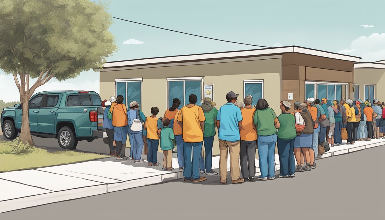 A line of people waiting outside a food pantry in Starr County, Texas, with volunteers distributing free groceries to those in need