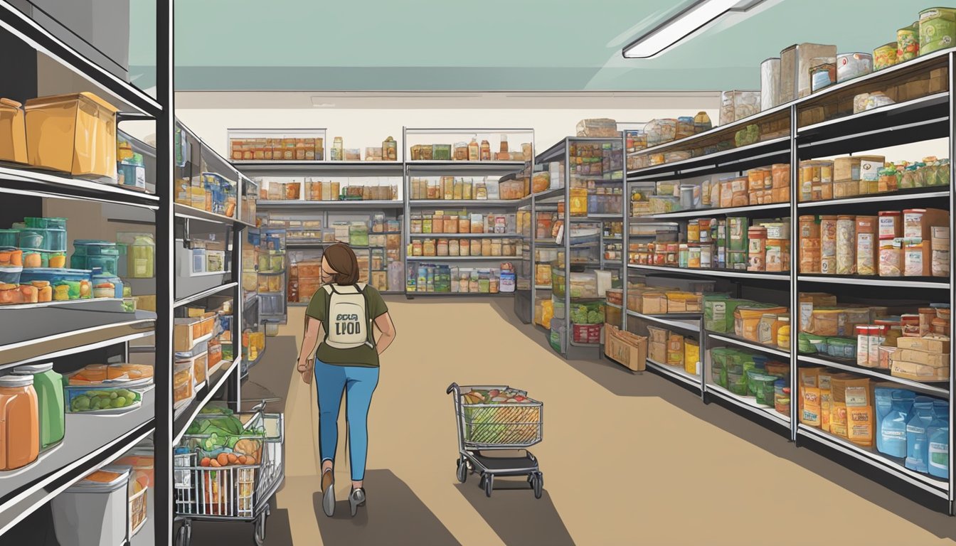 A bustling food pantry in Palo Pinto County, Texas, with shelves stocked full of free groceries and volunteers helping those in need