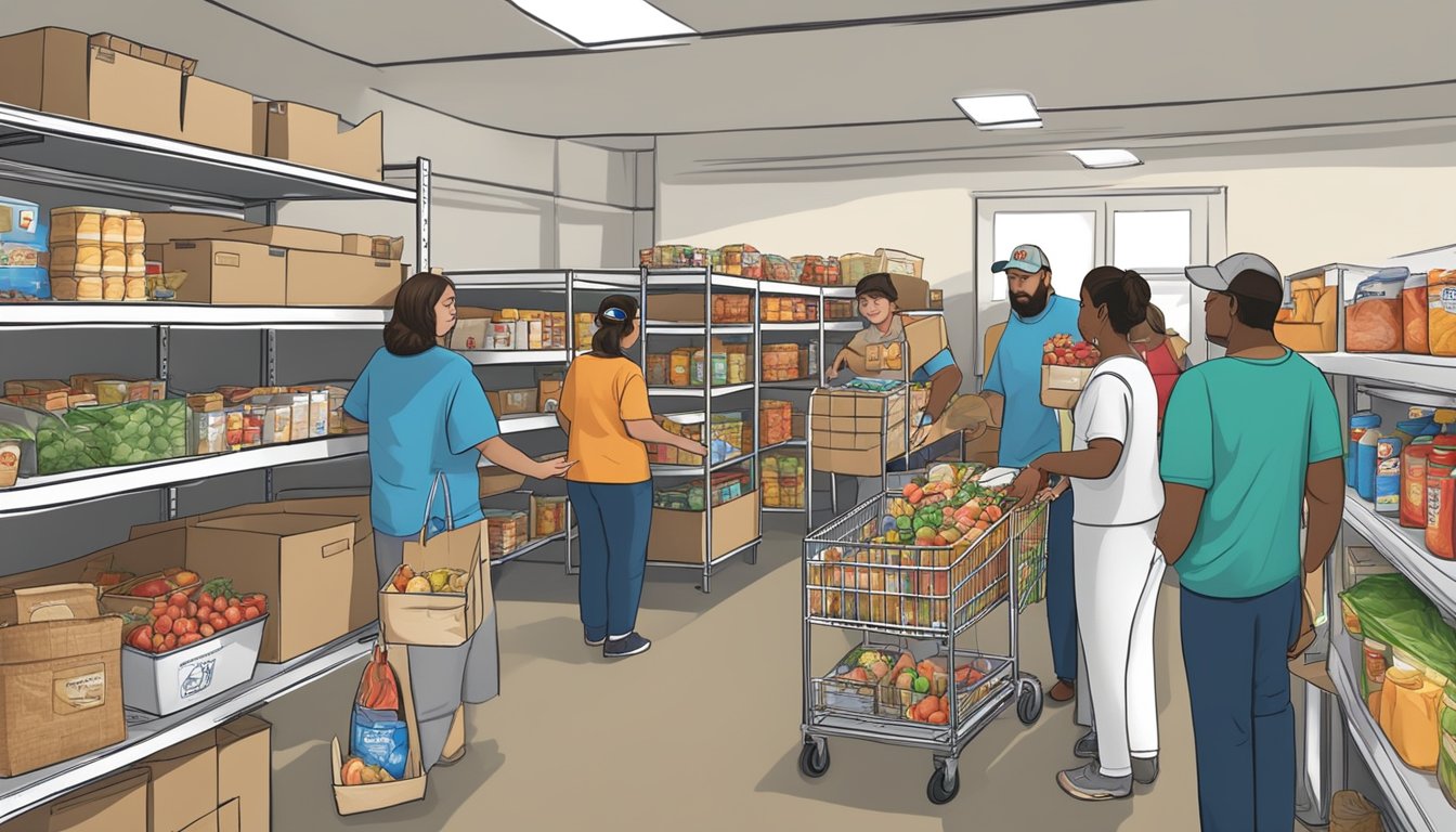 A bustling food pantry in Starr County, Texas, with volunteers handing out free groceries to those in need