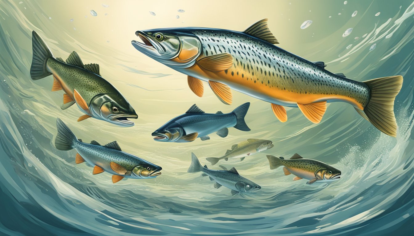 Atlantic salmon swimming in clear water, being caught and eaten by other salmon in various regions