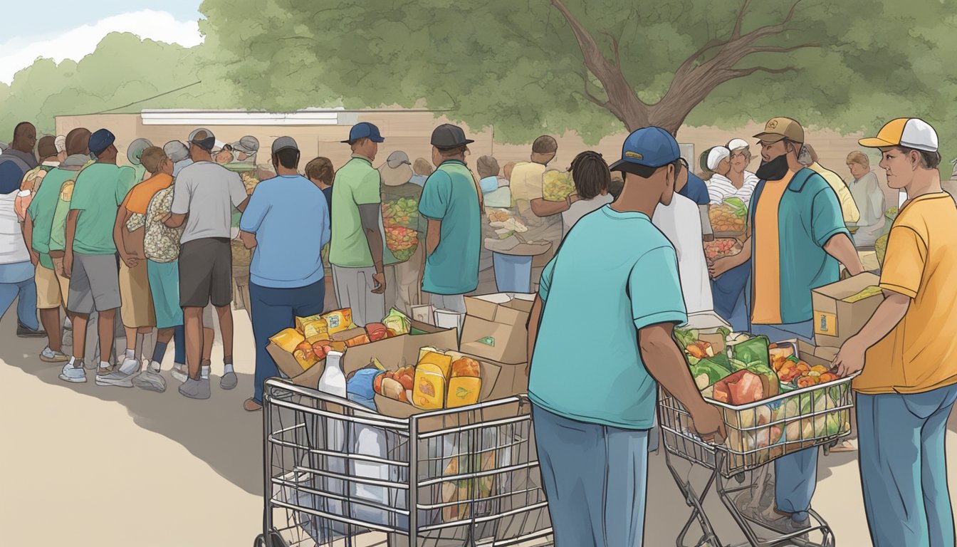 Volunteers distribute groceries at a food pantry in Palo Pinto County, Texas. Recipients line up to receive free food items