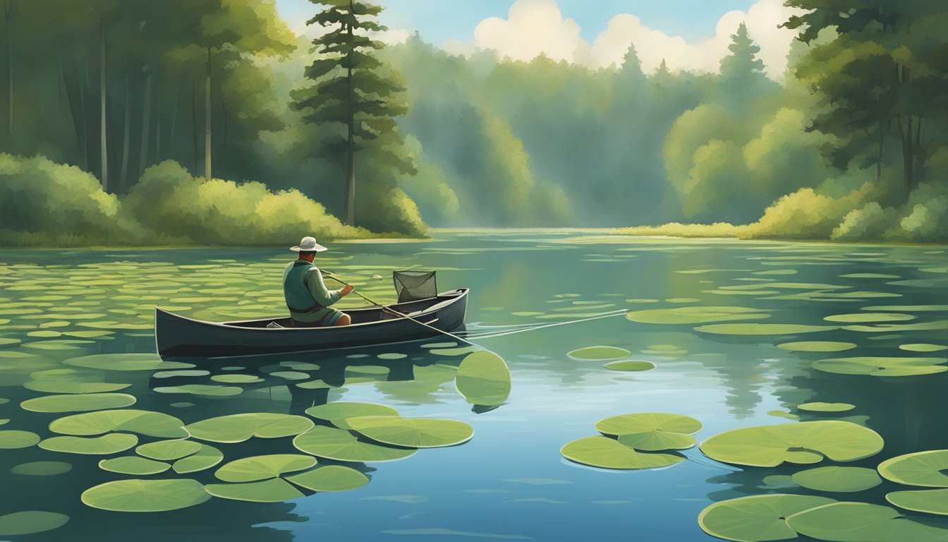 A serene lake with a fisherman using a small net to catch panfish, surrounded by floating lily pads and a distant forested shoreline