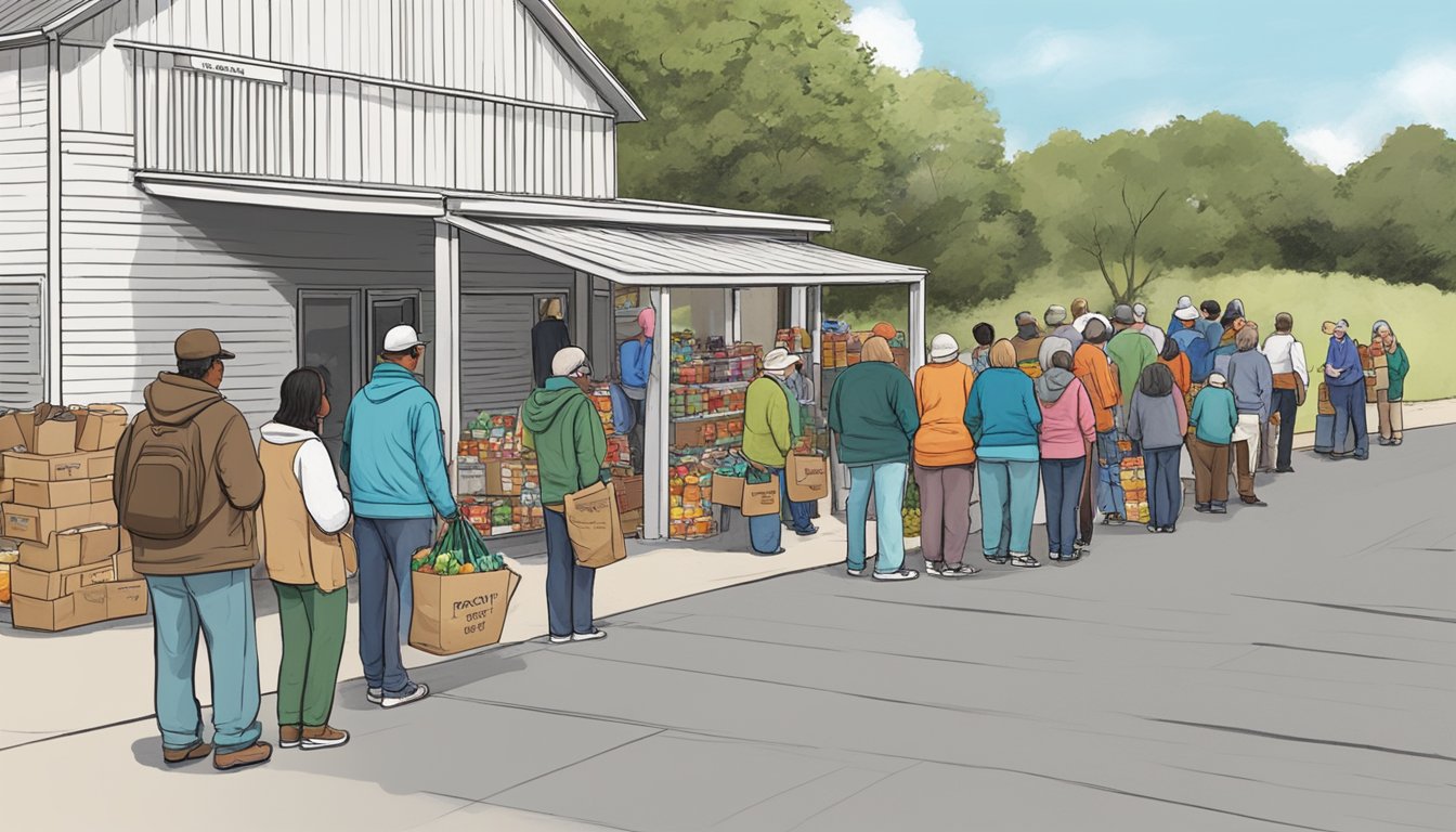 A line of people waits outside a food pantry in Palo Pinto County, Texas. Volunteers hand out free groceries to those in need