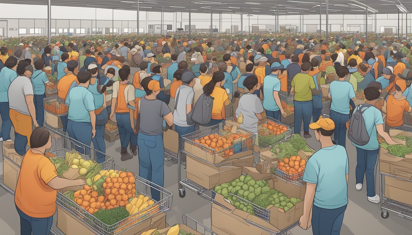 A bustling food distribution center in Starr County, Texas, with volunteers handing out free groceries to those in need