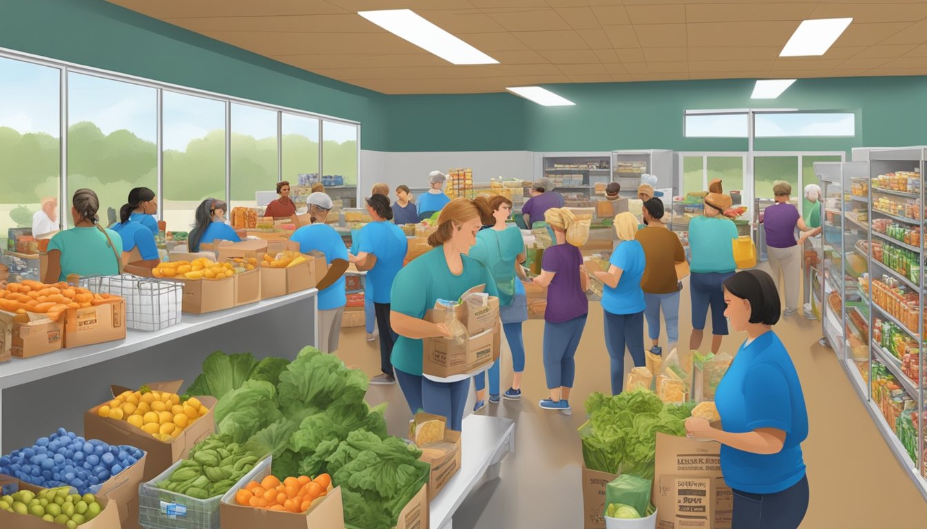 A bustling food pantry in Palo Pinto County, Texas, with volunteers distributing free groceries to those in need