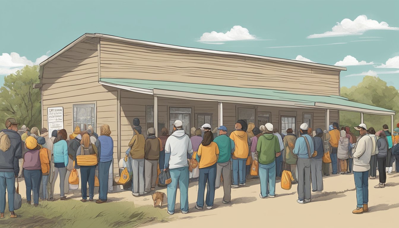 A line of people wait outside a small, rural food pantry in Schleicher County, Texas. Volunteers hand out bags of groceries to those in need