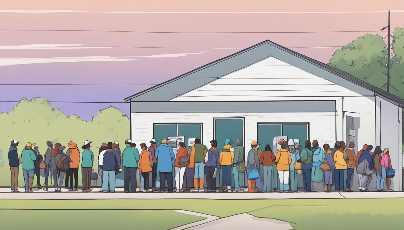 A line of people waits outside a small food pantry in Trinity County, Texas. Volunteers hand out bags of groceries to those in need