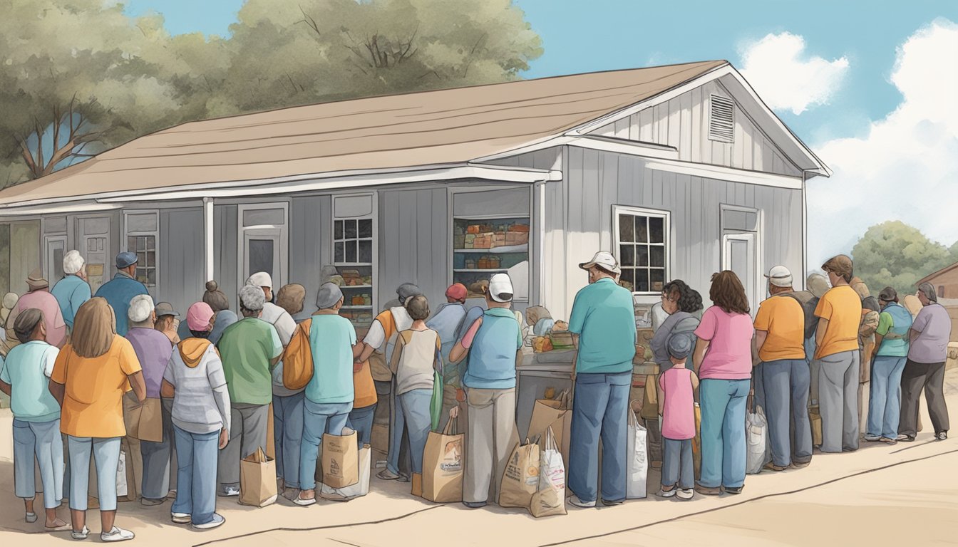 A line of people waits outside a small food pantry in Parmer County, Texas. Volunteers hand out bags of groceries to those in need