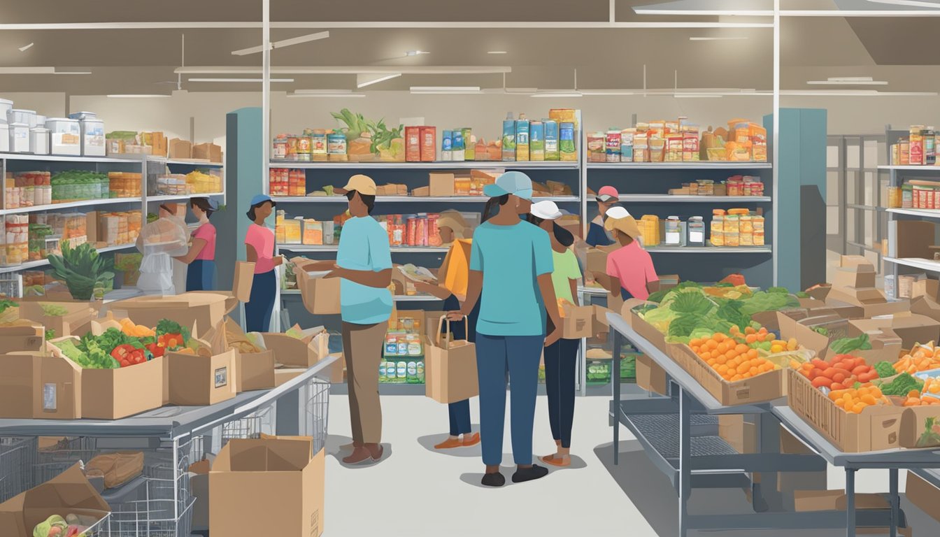 A bustling food pantry in Trinity County, Texas, with volunteers distributing free groceries to those in need