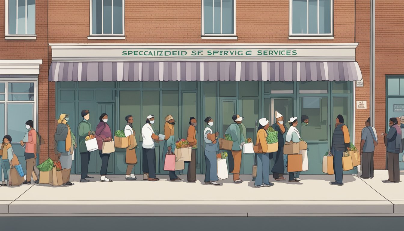 A line of people wait outside a small building, carrying bags of groceries and food. A sign reads "Specialized Services for Various Population Groups."