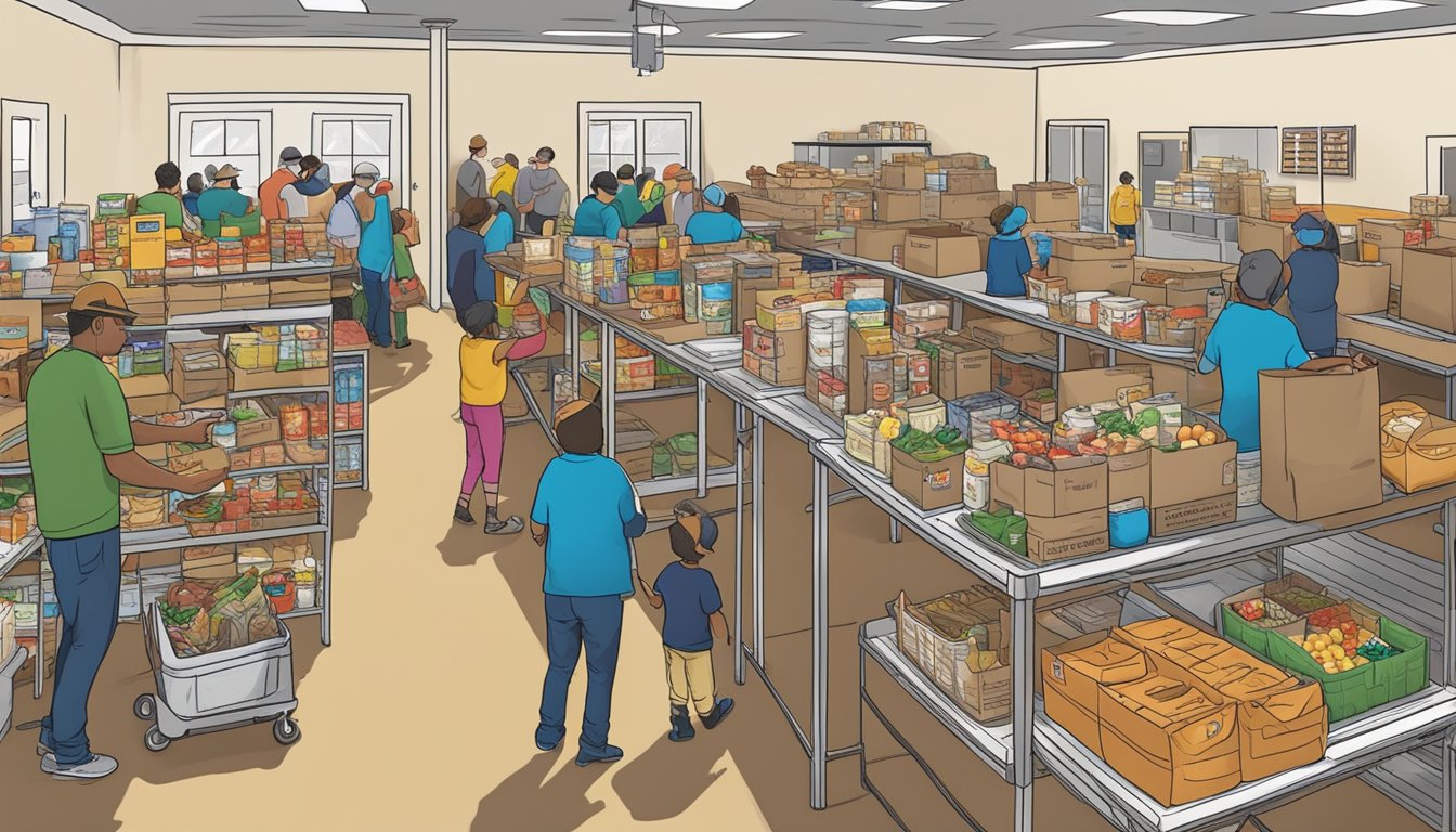 A bustling food pantry in Parmer County, Texas, with volunteers distributing free groceries to those in need