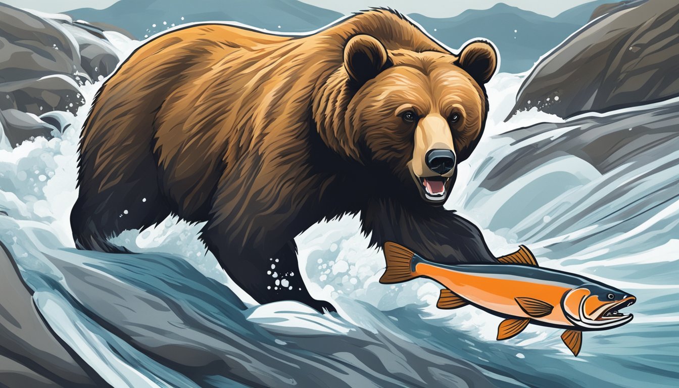 A bear catching and eating an Alaska salmon in a rushing river