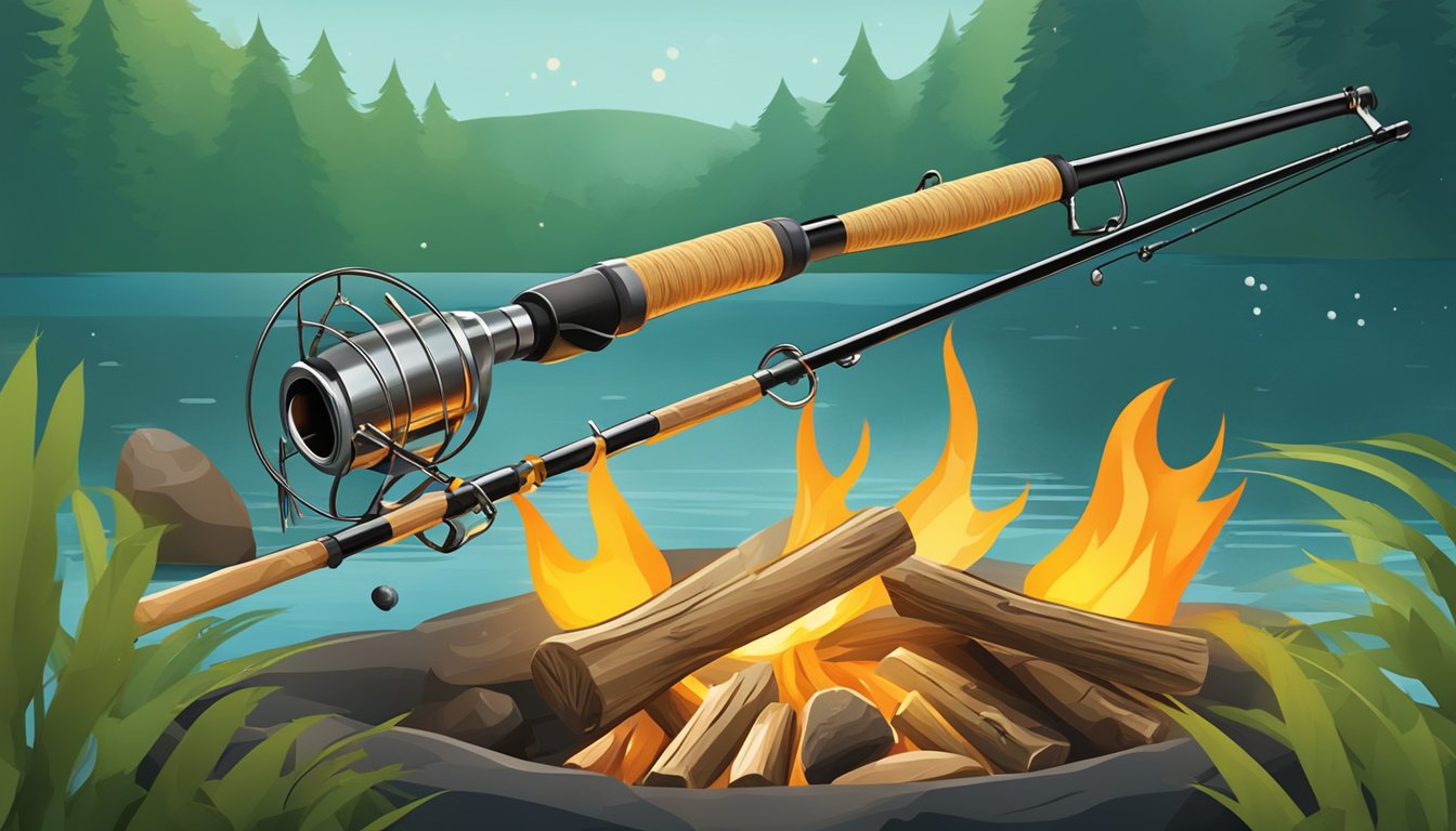 A fishing rod with bait catches a perch, which is then cooked over a campfire