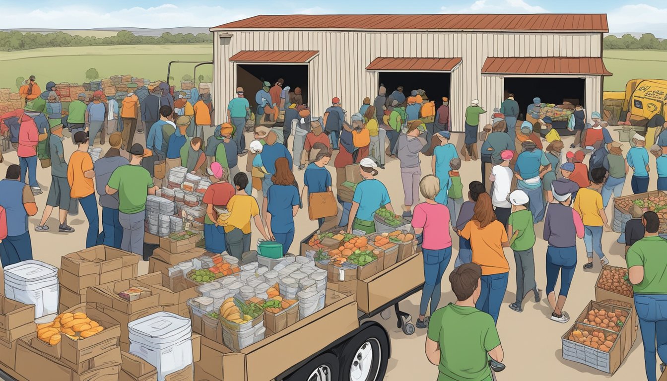 A bustling food distribution event in Parmer County, Texas, with volunteers handing out groceries and pantry items to those in need