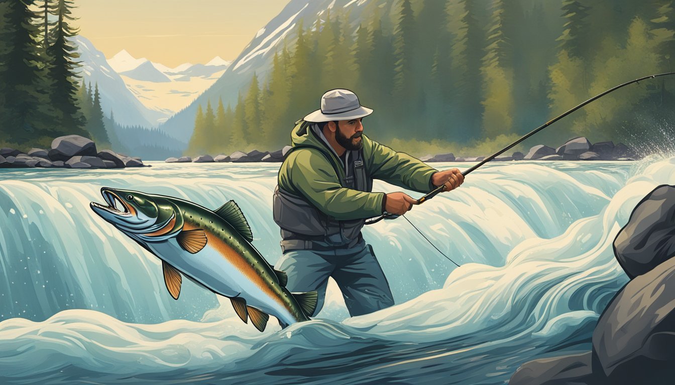 A fisherman carefully releasing a hook from a wild salmon's mouth in a pristine Alaskan river