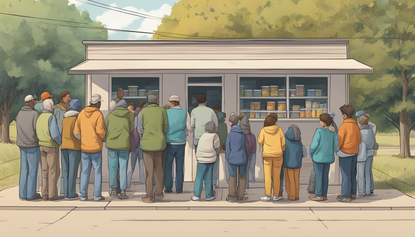 A line of people waits outside a small food pantry in a rural Texas town, hoping to receive free groceries and food assistance