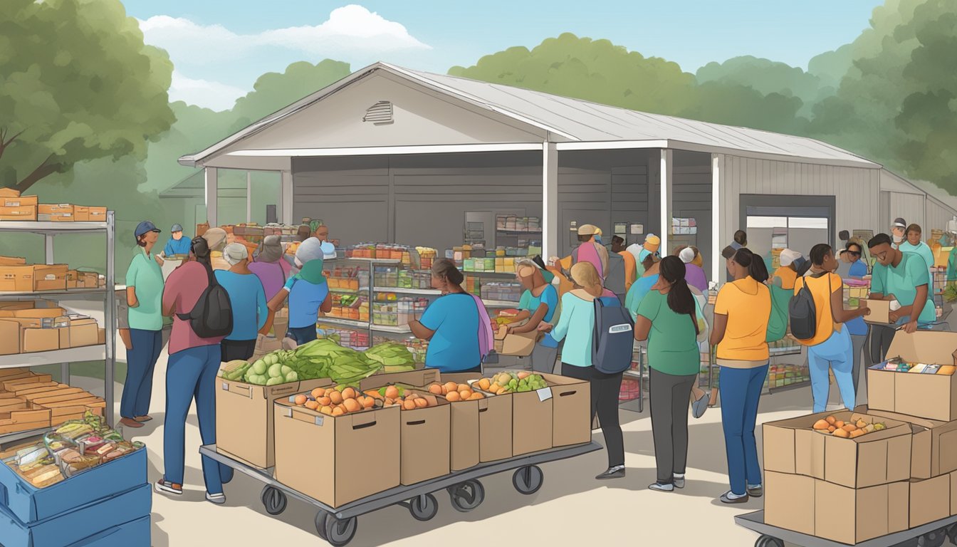 A bustling food pantry in Trinity County, Texas, with volunteers distributing free groceries to those in need