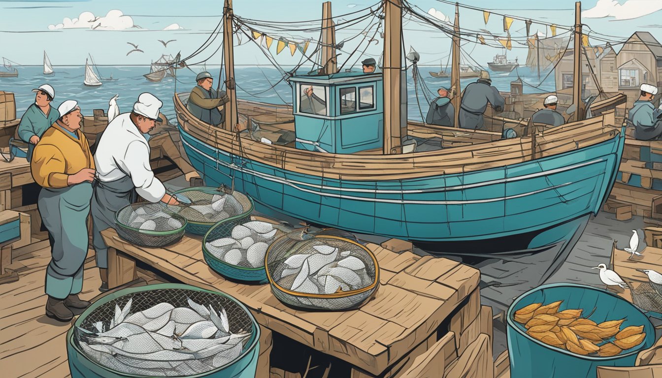 A fishing boat pulls in nets filled with cod while seagulls circle above. A fish market displays fresh cod, and a chef prepares a dish